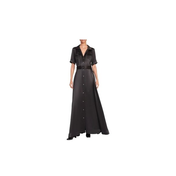 New STAUD Millie Satin Belted Maxi Shirt Dress Black Sz 2 MSRP $495 - Picture 3 of 10